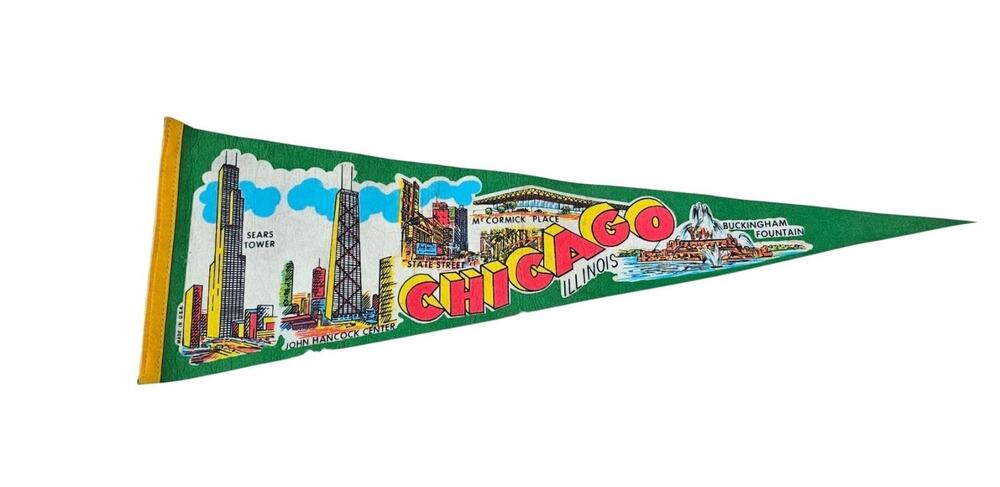 Vtg Chicago Illinois Souvenir Felt Pennant Sears Tower Buckingham Fountain Flag